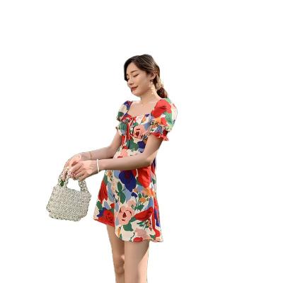 China 2021 New Arrival Girls Hepburn Style Short Puff Sleeve Floral Print Dress Mini Dresses Amazon Hot Off Square Collar Anti-Static for sale