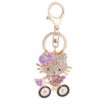 China Kitty Cat Metal Key Chain Ring Pendant Accessories of Creative Bicycle Cat Keychain Women Cartoon Decoration Rhinestone Bag for sale