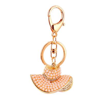 China Decoration Pearl Rhinestone Crystal Charm Fashion Beauty Jewelery Cowboy Hat Summer Keyring Women Bag Key Chain Gift Pendant for sale