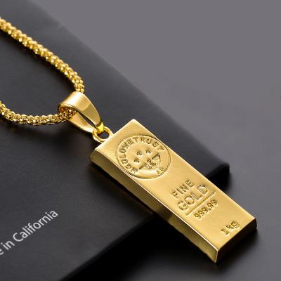 China Hot Engraved Hiphop Gold Filled Cube Bar Ingot Pendant Necklace Gold Bar Mens Hip Hop Chain Necklace For Men Jewelry for sale