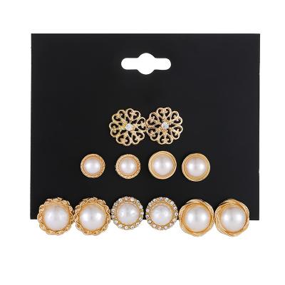 China TRENDY Fashion Retro Imitation Pearl Earrings Set Round Flower Rhinestone Gold Jewelry Sets 6 Pairs Stud Earrings For Woman for sale