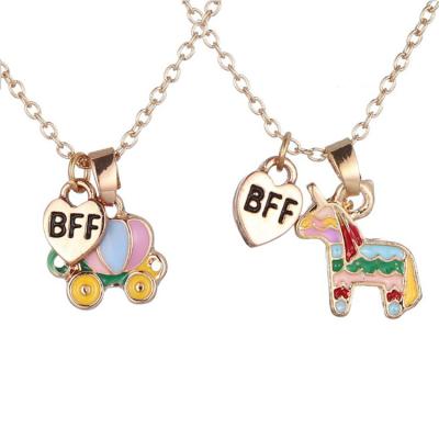 China Two-part Cartoon Sweet Sweet Kids BFF Necklace Fashion Dripping Alloy Necklace Pumpkin Carriage Unicorn Best Friends Gifts Jewelry for sale