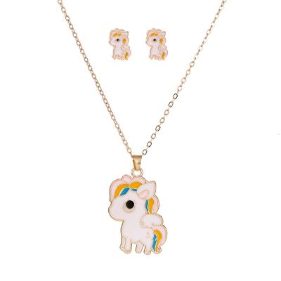 China Cute Children's Jewelry Sets Cute Girl Fashion Cartoon Necklace Gold Dangle Earrings Sets Unicorn Rainbow Kids Jewelry Set for sale