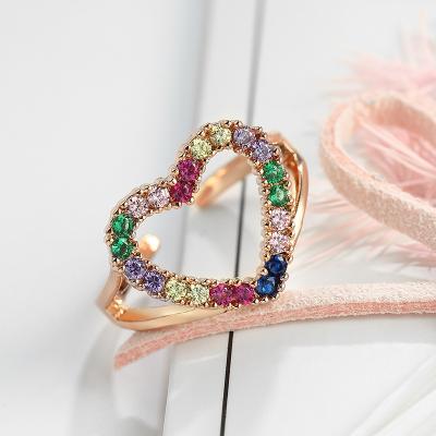 China Fashion TRENDY personality colorful zircon ring rose gold ladies ring woman jewelry heart rainbow adjustable open rings girls for sale