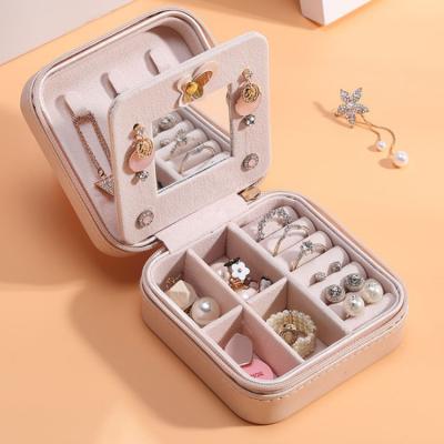 China KoreanPU Beautiful Jewelry Box Storage Box Leather Earrings Portable Display Case Jewelry Organizer With Small Mirror Travel Jewelry Box for sale