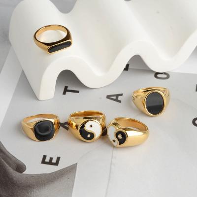 China Ouj TRENDY Fashion 14k 18K Gold Plated Seal Ring Custom Heart Round Multi Color White Enamel Yin Yang Ring For Ladies for sale