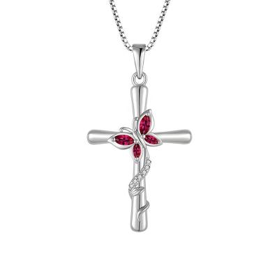 China Custom CLASSIC Chain Butterfly Fine 925 Jewelry s925 Ouj Diamond Red Zircon Ruby Cross Pendant Necklace Sterling Silver Gold Filled Box for sale