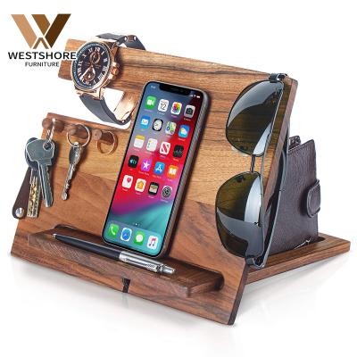 China Adjustable Multifunctional Wooden Phone Docking Station Nightstand Purse Wallet Holder Esk Organizer with 3 Pegs for sale