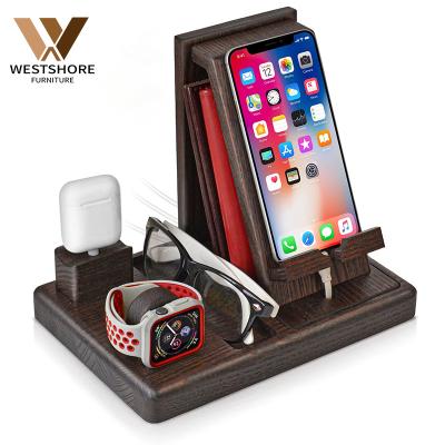 China Adjustable Wooden Multi-Function Head Dark Wood Organizer Charging Station Compatible 3-in-1 Desk Stand with Apple Gadgets for sale