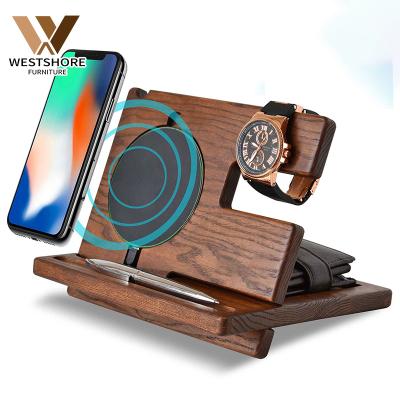 China Wood Watch Organizer Ash Key Holder Wallet Stand Adjustable Wireless Phone Docking Station Phone Dock for sale