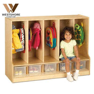 China Environmental Material Montessori 2-Section Storage Furniture Kids Locker For Toddler With Bench 5 Storage Boxes Shelves For Preschool And Home Use for sale