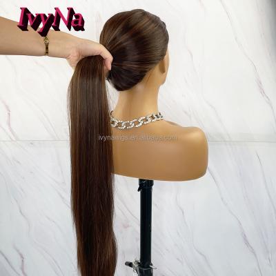 China Smooth Gently Shedding Deep Barely Very Beautiful Synthetic Lace Front 30 Inches For Color Women Mixed Brown Silky Straight Long Wigs For Daily for sale