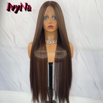 China 3x5 Density 3x5 Synthetic Silky Straight Synthetic Hair Core Brown Natural Fit Lace Front Wigs 180% Natural Fit Machine Made Wave Wigs For Black Women for sale