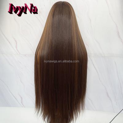 China Excellent Silk Base 3x5 Skin Soft Thick Smooth Shedding Barely Shedding Machine Made Wig For Synthetic Lace Front Wigs Natural Silky Straight Mixed Brown Color Women Long Wigs for sale