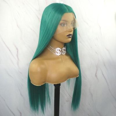 China Silky Straight Green Color Wave 13x4 Long Synthetic Wig With Lace Front For Black Women for sale