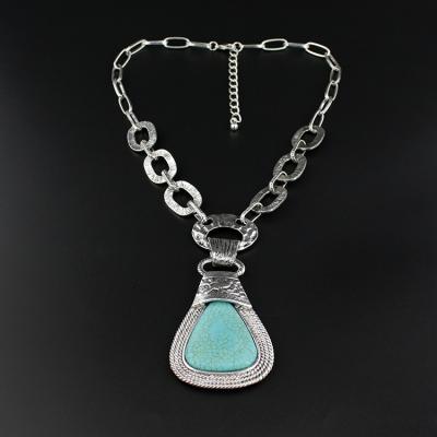 China Wholesale ALLOY Women Costume Necklace Chain Wide Silver Turquoise Pendant Necklace for sale