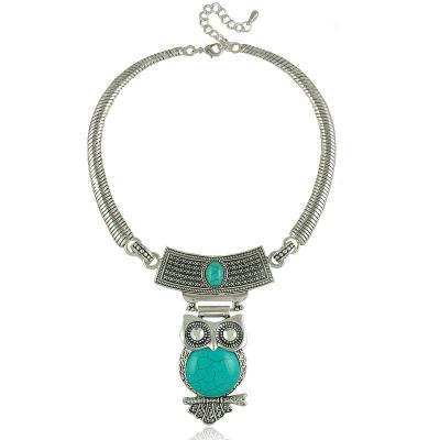 China Wholesale Tibetan ALLOY turquoise owl necklace, Tibet style jewelry export, vintage silver choker owl necklace for sale