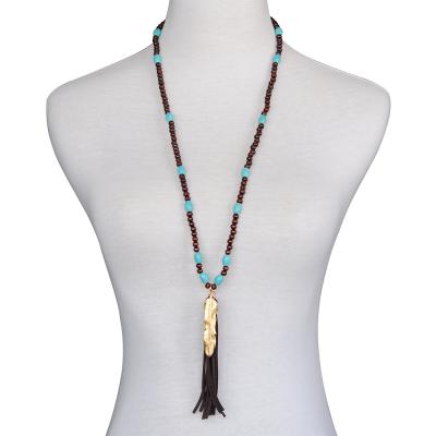 China Wooden bead necklace latest jewelry ALLOY turkey bead turquoise necklace handcrafted brown wooden feather tassel for sale