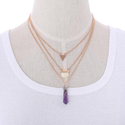 China ALLOY gold luxurious natural stone triangle purple crystal necklace, elegant layered necklace, teen jewelry for sale