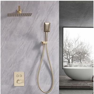 China With Slide Bar Wholesale Flat Square In The Wall Rainfall Gold Brass Bathroom Concealed Thermostatic Shower Mixers Set for sale