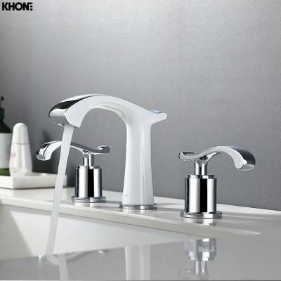 China Modern Designed 3 Hole Bathroom Basin Faucet Contemporary Hot Sale Brass White Basin Faucet for sale