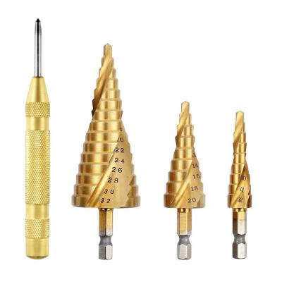 China Durable Hex Shank Spiral Groove Pagoda Step Drill Bit Titanium-Clad Tool Kit for sale