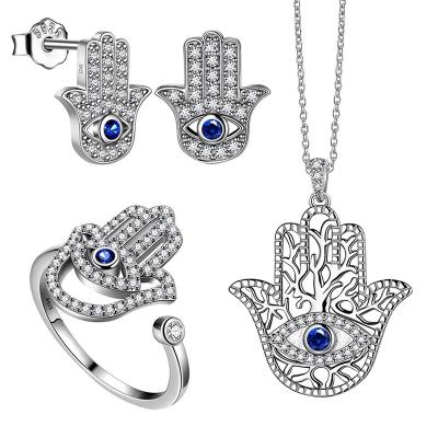 China Custom Blue CZ 925 Sterling Silver FASHIONABLE Women Jewelry Evil Eye Hamsa Hand Ring Earrings Necklace Jewelry Set for sale