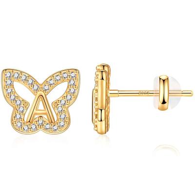 China 925 Sterling Silver Cute Butterfly Initial Letter Stud Earrings Custom Kids Girls Small Earrings Jewelry for sale