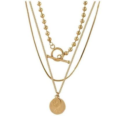 China BNX Vintage Jewelry 18K Gold Plated Portrait Three-Layer Clavicle Style Very Simple Necklace Titanium Steel Necklace for sale