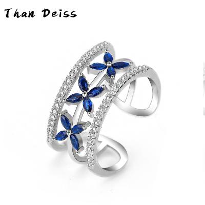 China CLASSIC S925 Sterling Silver Light Luxury Personality Cool Tide Blue Tears Double Clover Drops Ring Female Openings Adjustable for sale