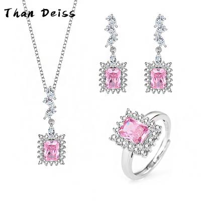 China CLASSIC High Grade Jewelry Three Piece Zirconia Set S925 Sterling Silver Pink Stones Square Ring Pendant Necklace Earrings for sale