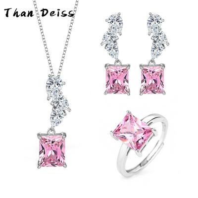 China CLASSIC Luxury Jewelry S925 Sterling Silver Pink Ruby Three Piece Set Square Zirconia Ring Pendant Necklace Earrings for sale