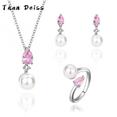 China CLASSIC Simple Fresh Necklace Ring Three Pieces Set Pendant Necklace Earrings Temperament S925 Sterling Silver Pink Droplets Fashion for sale