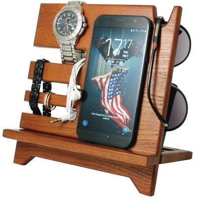 China Europe mobile phone stand watch holder. Men Wireless Device Dock Organizer Wood Mobile Base Nightstand Charging Dock for sale