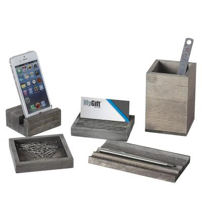 China Vintage Gray Wood 5-Piece Desk Set with Pen Tray, Pencil Cup, Memo Pad and Card Holders, Phone Holder YN-616 for sale