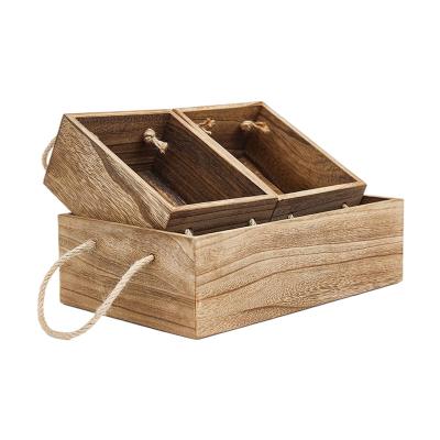 China 3PCS Bathroom Decor Box Wooden Crate Toilet Paper Holder Tray and Viable Custom Wood Tank Basket with Rope Handles for sale