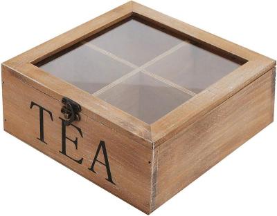 China China Rustic Wooden Tea Bag Storage Chest, Universal Organization Display Box with Clear Lid, Brown for sale