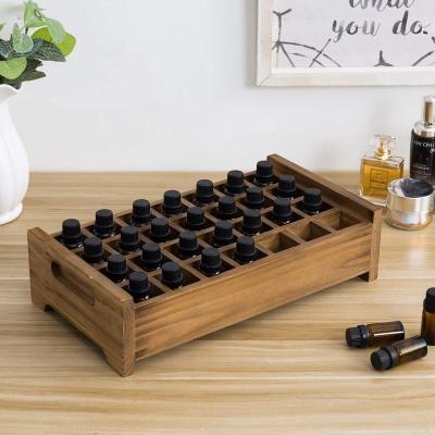 China Retail Shops Essential Oil Rack Organizer Tray 28-Slot Rustic Wood Storage Rack for sale