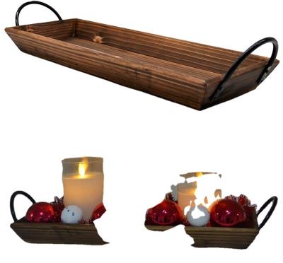 China Eco-Friendly Custom Rectangle Wood Tray With Black Metal Handles Wood Holder To Display Candle for sale