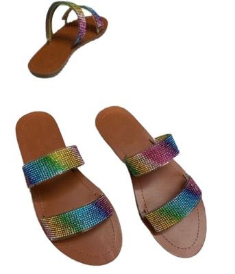 China Large size flat bottom ladies slippers rhinestone rainbow women's shoes women's sandals and slippers new fashion trend style for sale