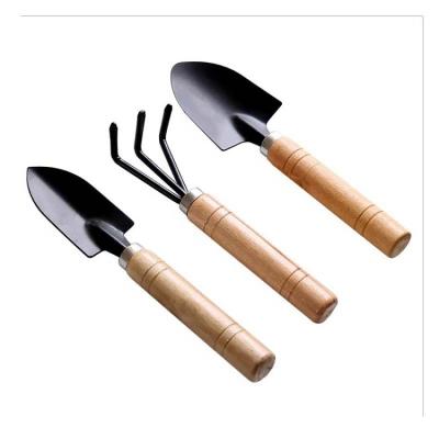 China Hot Selling 3pieces Wooden Handle Outdoor Garden Tools Rake Shovel Shovel Mini Non-Slip Rubber Grip Garden Portable Places for sale