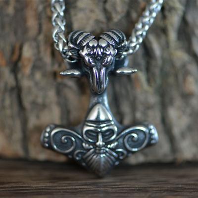 China LANGHONG Double Side Norse Viking Odin Necklace For Men Sheep Head Stainless Steel Ethnic Punk Necklace for sale