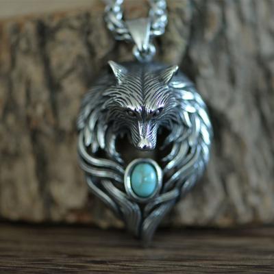 China LANGHONG CLASSIC Stainless Steel Viking Necklace Norse Wolf Head Necklace with Natural Stone for Men for sale