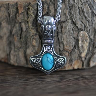 China LANGHONG Ethnic Thor Hammer Necklace Rhinestone Stainless Viking Necklace For Men Norse Steel for sale