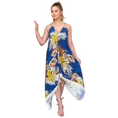 China MOU Sexy Strappy Halter Flower Pattern Vacation Fresh V-Neck Fringed Women Maxi Long Skirt Dress for sale