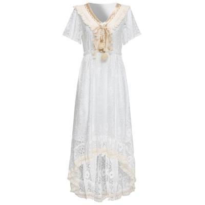 China Lace MOLLE Neckline Above Knee Length Lady Short Sleeve Elegant Long Dress Women's Double-Layer Lace Dress for sale