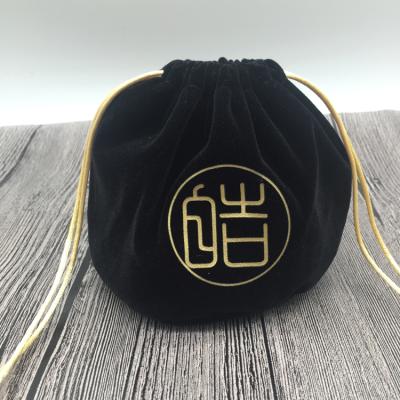 China Recyclable High Quality Black Jewelery Round Bottom Hot Stamp Velvet Bag Drawstring for sale