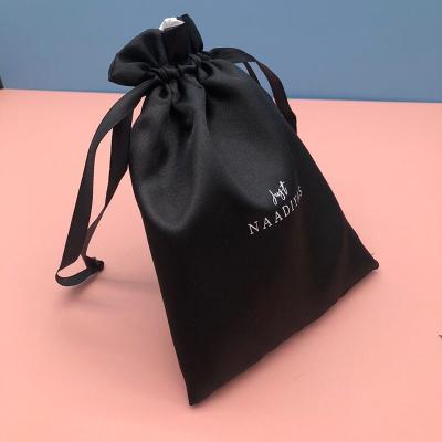 China Recyclable Wholesale Black Drawstring Satin Custom Bag With White Satin Lining for sale