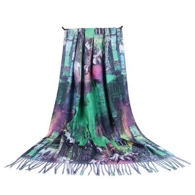 China Printing Patterns Cashmere Feeling Oil Painting Style Print Retro Brushed Shawl Scarf for sale