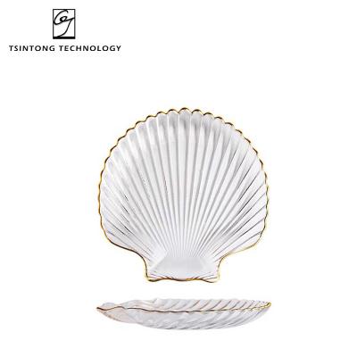 China Viable Wholesale Fashion Ocean Shell Shaped Clear Glass Plate Snack Fruit Nuts Dish Tableware Glass Bowl With Gold Rim for sale